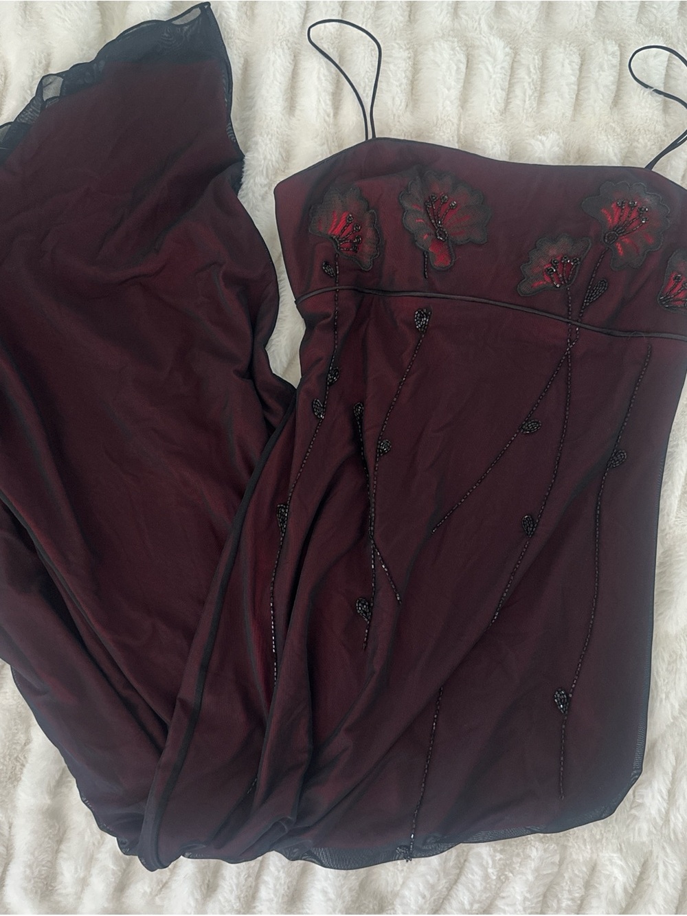 Rimini Burgundy Slip Dress with Red Floral Beading